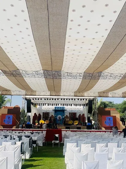 The stage is set and the seats are ready for the audience at the Anjas Mahotsav. We love the energy of a big festival crowd.