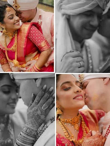 A collage of love. This collection of images from a fusion wedding captures everything from tender kisses and gentle embraces to shared smiles, in both color and monochrome.