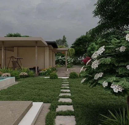 This render captures a serene moment in the Alibag garden design, with a stone path leading past a flowering tree towards the pool.