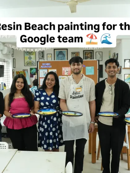 A group from the Google team proudly displays their finished resin beach art. My workshops are a great option for corporate team-building events.