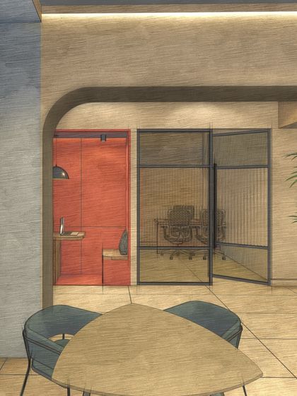 This image compares our initial render with the final built space, showing how the design vision for the corridor and breakout nooks was brought to life.