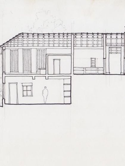 A detailed section drawing of the PLENTI House, illustrating the structure of the roof, walls, and foundations.