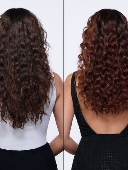 A before-and-after look at Keerthy Suresh's hair transformation. The "after" shot on the right shows the added vibrancy, definition, and shine from our color service.