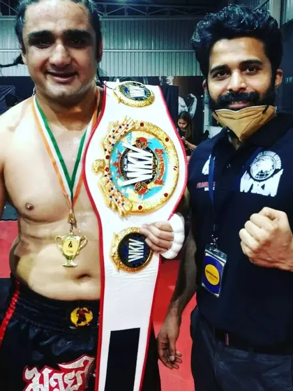We train and associate with champions. Pictured here is the first WKN (World Kickboxing Network) India Title Holder, Vaibhav Shetty, showcasing the high level of martial arts we are connected to.
