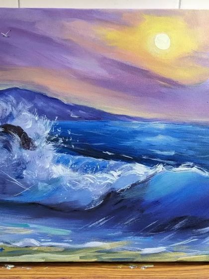 The finished acrylic seascape. The play of light on the waves and the dramatic sky make this a truly captivating piece of art.