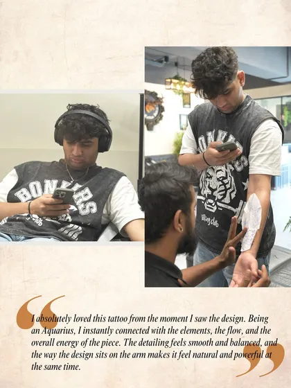 "Being an Aquarius, I instantly connected with the elements, the flow, and the overall energy of the piece." Atharva explains his connection to his new tattoo.