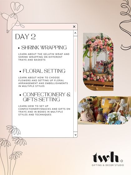 On Day 2, we level up with practical techniques. You'll learn professional shrink wrapping for trays, the principles of floral setting and arrangement, and how to beautifully style confectionery and other gifts in boxes and on trays.