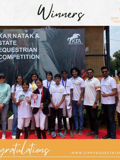 A group photo of our winning team at the Karnataka State Equestrian Competition. The smiles and medals say it all.