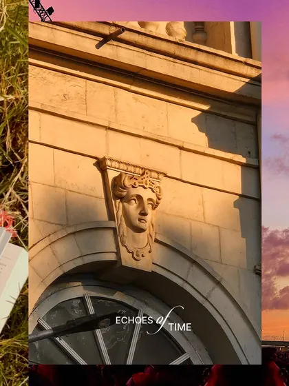 Echoes of time. A stone face on a heritage building is beautifully illuminated by the warm, low light of the golden hour.