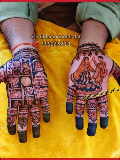 This is a special groom mehandi that tells a story. On one hand, I created a portrait of the couple dancing, and on the other, I designed panels that represent their journey together, making it a truly personal piece of art.