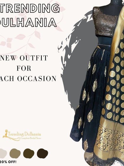 Why buy when you can rent? This classic black and gold lehenga is a timeless piece for any occasion. The banarsi-style dupatta adds a touch of royalty.