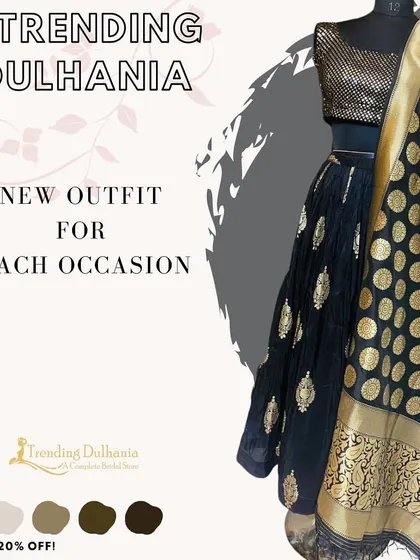 Why buy when you can rent? This classic black and gold lehenga is a timeless piece for any occasion. The banarsi-style dupatta adds a touch of royalty.