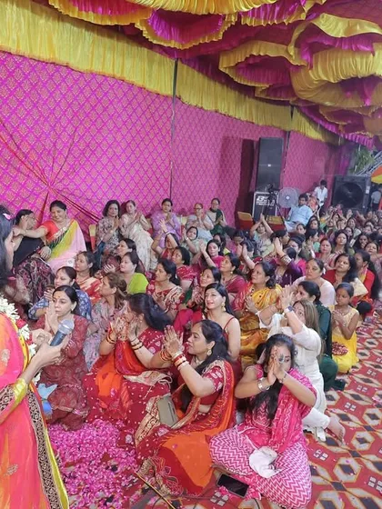 A wide view of the beautiful gathering at our Khatu Shyam Ji Kirtan, with members and their families participating.