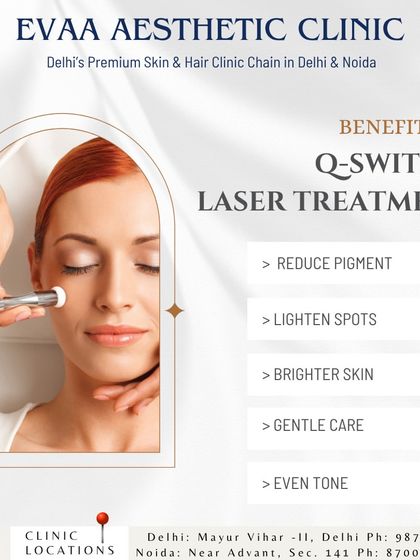 This graphic details the benefits of our Q-switch laser treatment, a gentle procedure that effectively reduces pigment, lightens spots, and promotes brighter, even-toned skin.