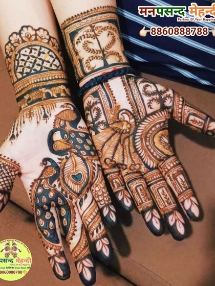 This design combines traditional peacock motifs with modern patterns, making it a great choice for festivals. Notice the fine detailing and the use of negative space to make the design pop.