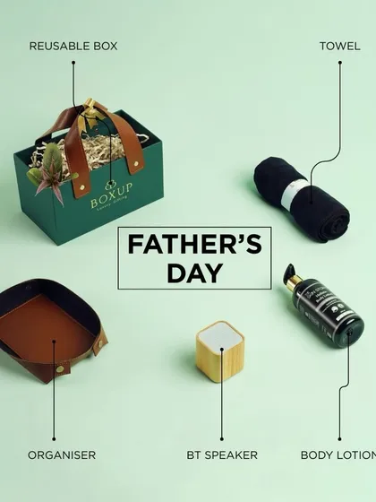 The 'Tranquil Touch Hamper' is a blend of comfort and quiet luxury. It includes a Bluetooth speaker, body lotion, and a leather organizer, curated to help him unwind in style.