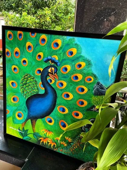 The vibrant beauty of nature is a huge inspiration for me, like in this peacock painting. I love playing with brilliant blues and greens to create a piece that feels alive and adds a splash of color to your wall.