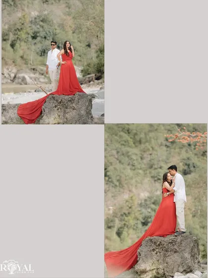 A collage showing a couple on a rocky outcrop, with the bride's long red trail gown creating a stunning visual against the natural backdrop.