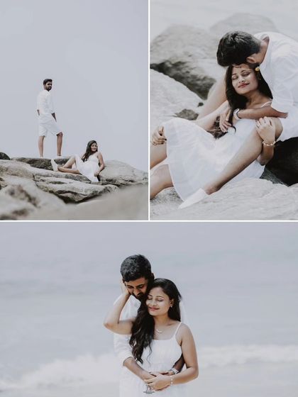 A collage of a couple in white outfits, enjoying a romantic and playful time on the beach.