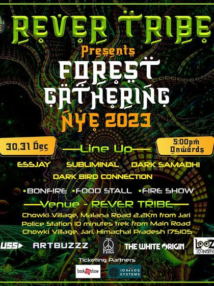 The main flyer for the Forest Gathering at Rever Tribe, promising a New Year's Eve with bonfires, food stalls, and a fire show.