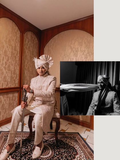 A collage featuring a regal groom's portrait in color and a candid, behind-the-scenes moment in black and white.