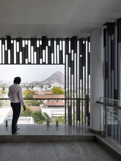 The MS Jaali at the Sona University Centre in Salem is a modern interpretation of a traditional element. It shades the building from the sun while allowing for ventilation, and provides framed views of the surrounding landscape.