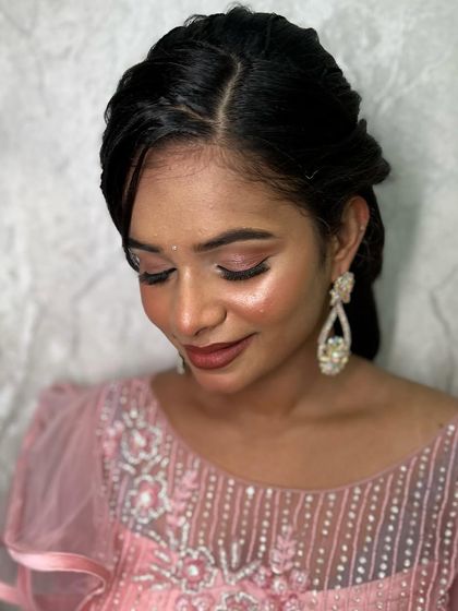 The final makeup look, soft and glowing.