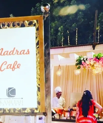 A themed "Madras Cafe" station, ready to serve authentic South Indian delicacies. I create dedicated counters that celebrate specific cuisines for a diverse menu.