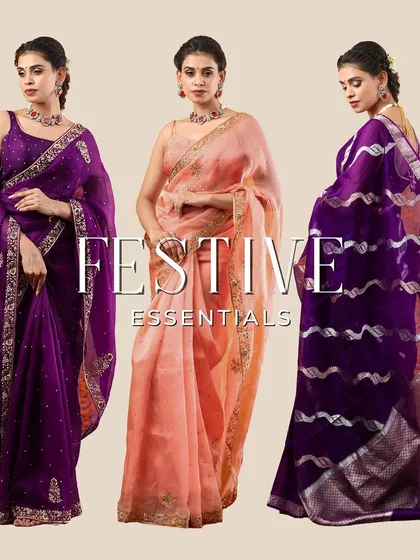 This collage of our "Festive Essentials" features the purple and peach organza sarees, along with a purple Banarasi organza saree.