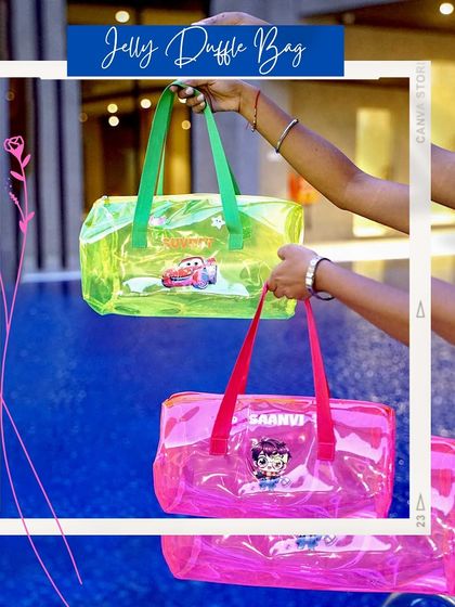 A person holding two of our custom jelly duffle bags, one in neon green and one in pink. Each is personalized with a name and character patch, showcasing different design options.