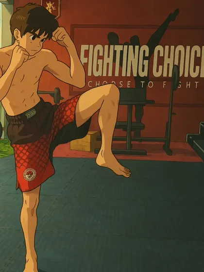 This artwork of a young fighter practicing a kick embodies the fighting spirit we nurture at our gym.