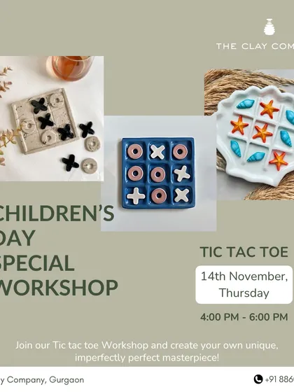 Our Children's Day special workshop announcement, featuring a tic-tac-toe game set made from clay. We love hosting workshops for kids to explore their creativity and make their own playable art.