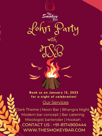 My Lohri party graphic, detailing the services I offer to make the festival celebration special.