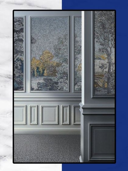 There is no place like home without a knockout design. This concept shows how we can use wallpaper with a scenic mural inside classic wall panels to create a unique, artistic statement.