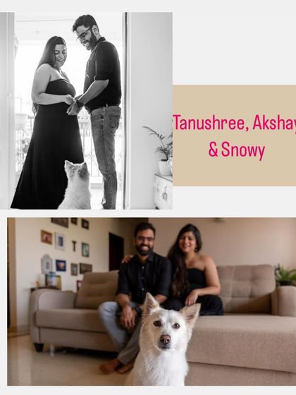 More moments from the at-home maternity shoot, showing the couple and their dog, Snowy, in their comfortable and loving home environment.