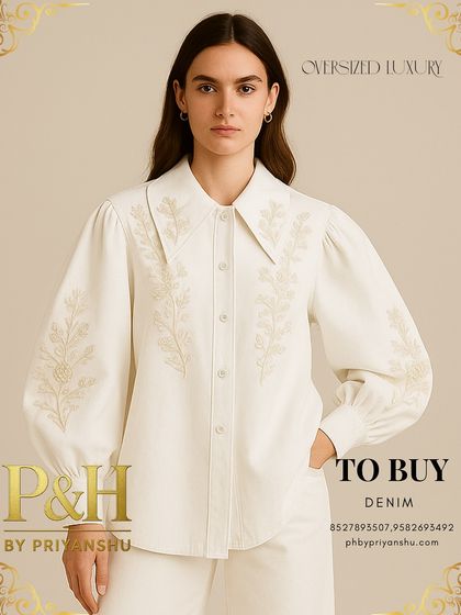 A close-up of the off-white denim shirt, providing a clear view of the delicate hand-embroidery on the collar and sleeves.