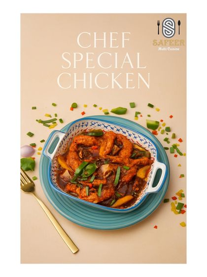 This is our Chef Special Chicken, a flavourful Indo-Chinese dish. It's cooked in a rich, dark sauce with peppers and onions, offering a perfect balance of sweet and spicy.