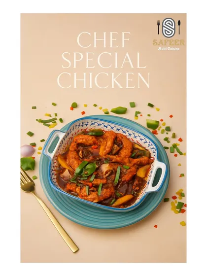 This is our Chef Special Chicken, a flavourful Indo-Chinese dish. It's cooked in a rich, dark sauce with peppers and onions, offering a perfect balance of sweet and spicy.