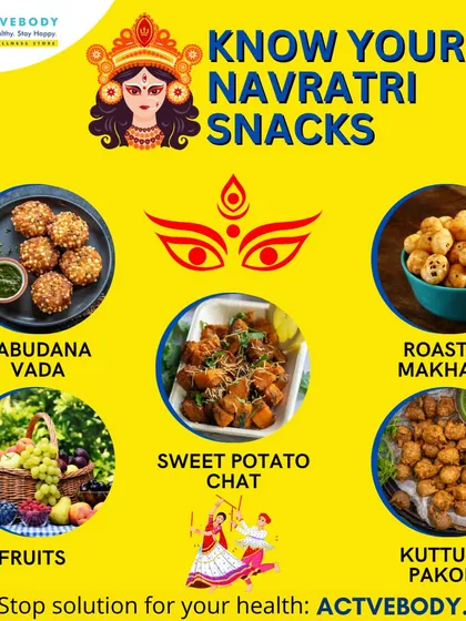 Know your Navratri snacks! This vibrant graphic showcases healthy and traditional fasting options like Sabudana Vada, Roasted Makhana, Sweet Potato Chaat, and Kuttu Ke Pakore to nourish your body.