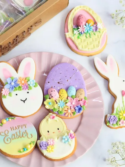 A collection of my non-personalized Easter cookies, featuring beautifully decorated bunnies, chicks, and baskets. These are perfect for adding a touch of sweetness to any Easter basket.