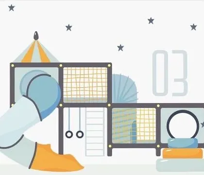 A graphic representation of a modern play structure, hinting at the adventures inside.
