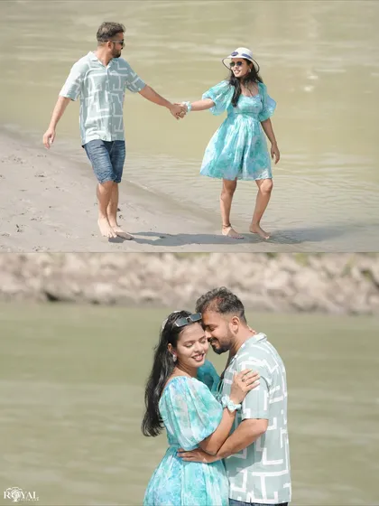 A two-panel collage of a couple in cute blue outfits enjoying their time on the sandy riverbank.