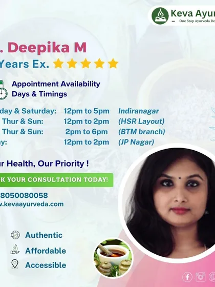 Introducing Dr. Deepika M, our Chief Medical Officer with 15 years of experience. She specializes in women's health, including PCOD and infertility, as well as arthritis and skin conditions.