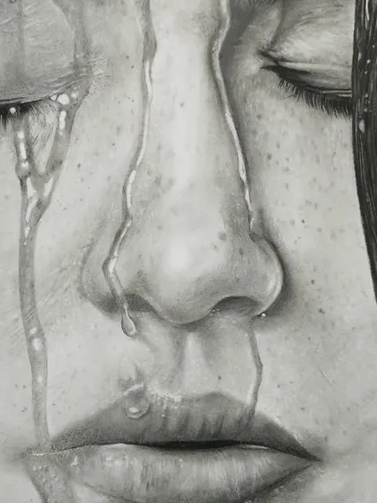 This piece from a pencil shading workshop is a study in capturing emotion and texture. The drawing of water running down a face shows a sophisticated understanding of how to render reflective and transparent surfaces.