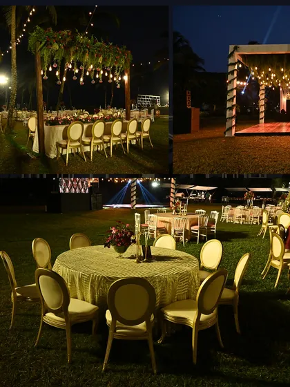 The reception seating was arranged under hanging bulbs and fairy lights, with simple yet elegant floral centerpieces adding a touch of timeless romance.