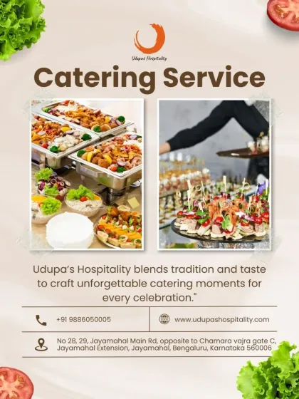 This promotional graphic showcases our blend of tradition and taste. It features images of our buffet spreads and appetizer service, reinforcing our promise to create unforgettable catering moments.