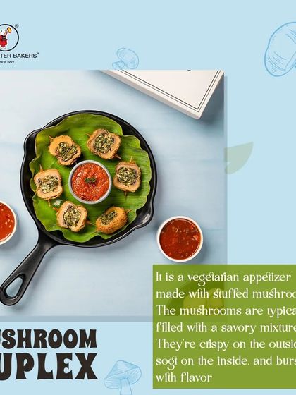 A graphic explaining our Mushroom Duplex appetizer, a delicious and unique vegetarian starter perfect for sharing.
