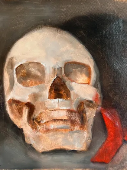 A still life composition of a skull and a red ribbon, a work in progress. The initial layer is taking a while to dry, so I have to be patient before I can continue working on it.