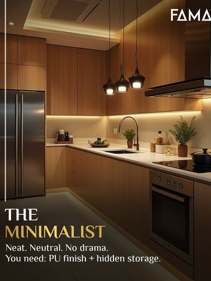 For "The Minimalist," I suggest a neat, neutral, and no-drama design. This kitchen uses a soft PU finish on the cabinets and clever hidden storage to maintain a clean and uncluttered aesthetic.