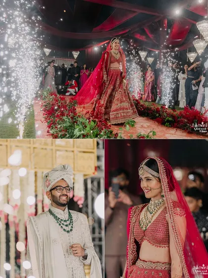 Kriti's stunning bridal entry, walking down an aisle of red roses and sparklers, and the couple's happy expressions during the ceremony.